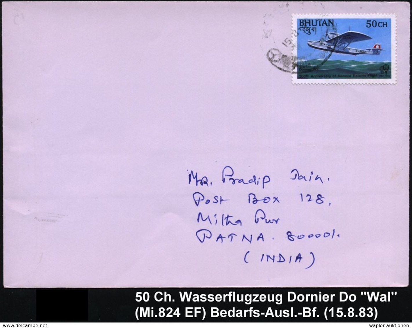 BHUTAN 1983 (Aug.) 50 Ch. Dornier "Do Wal", EF , Sauber Gest. Ausl.-Bf. (Mi.824 EF) - - Aviones