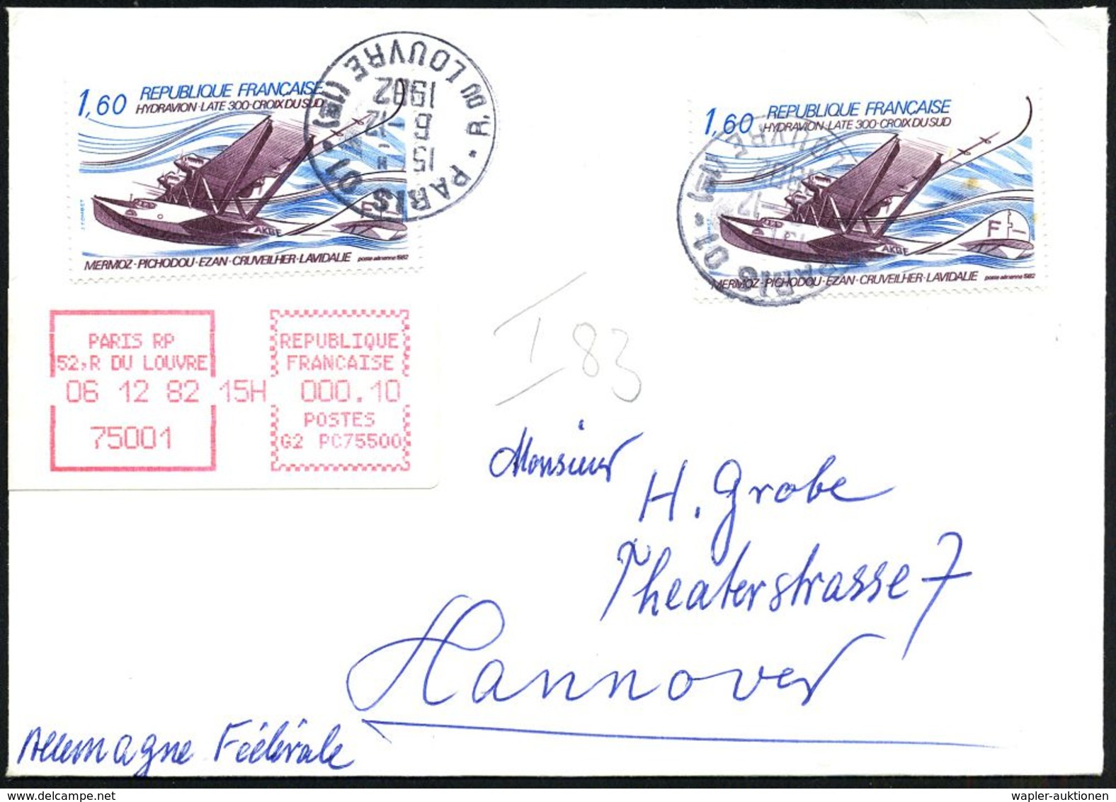 FRANKREICH 1982 (6.12.) 1,60 F. Flugboot Late 300 "Croix Du Sud", 2x + ATM 000.10 C. (Paris) Ausl.-Bf. (Mi.2370 (2 X) U. - Aerei