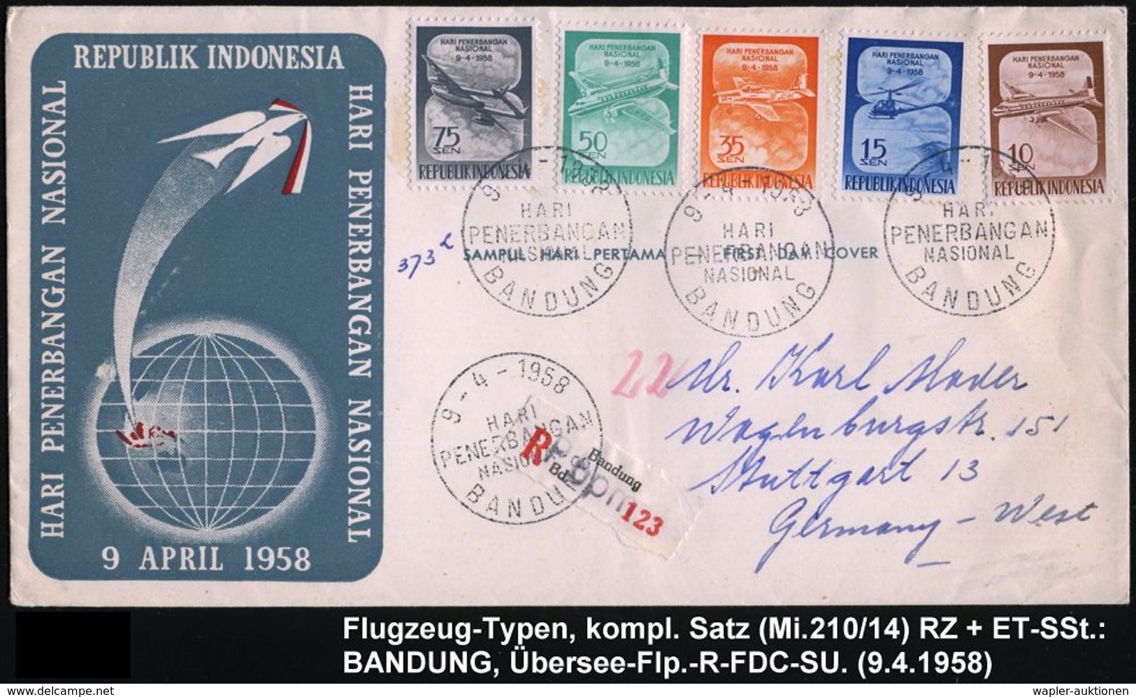 INDONESIEN 1958 (9.4.) Flugtag, Kompl.Satz Motor-Fluzeuge, Inkl. Helikopter , 3x ET-SSt. + RZ: Bandung, Klar Gest. Übers - Aerei