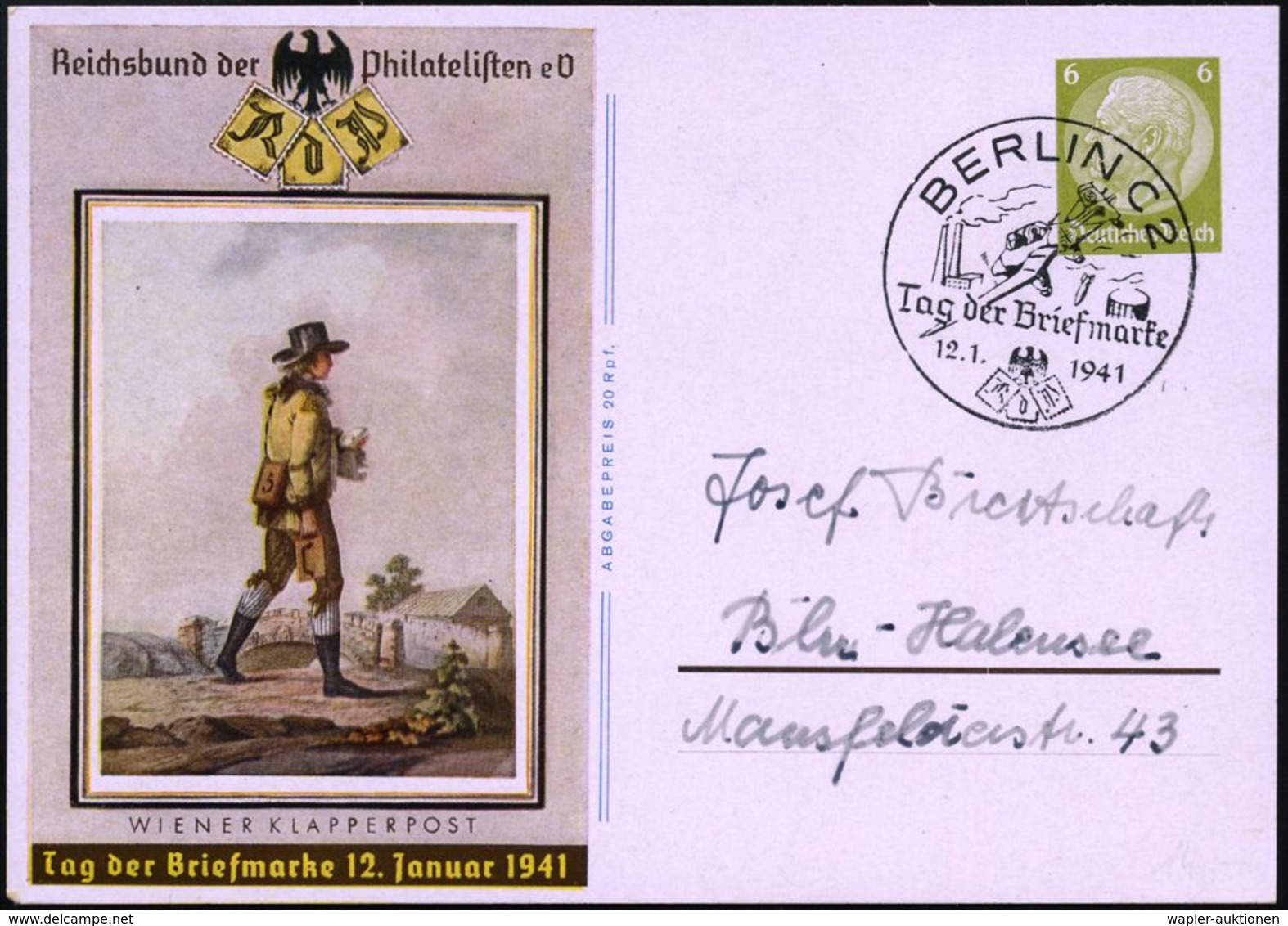 BERLIN C 2/ Tag D.Briefmarke 1941 (12.1.) SSt = JU 87 "Stuka"  Auf Sonder-P. 6 Pf.: Tag Der Briefmarke (P 241) Klar Gest - Aerei
