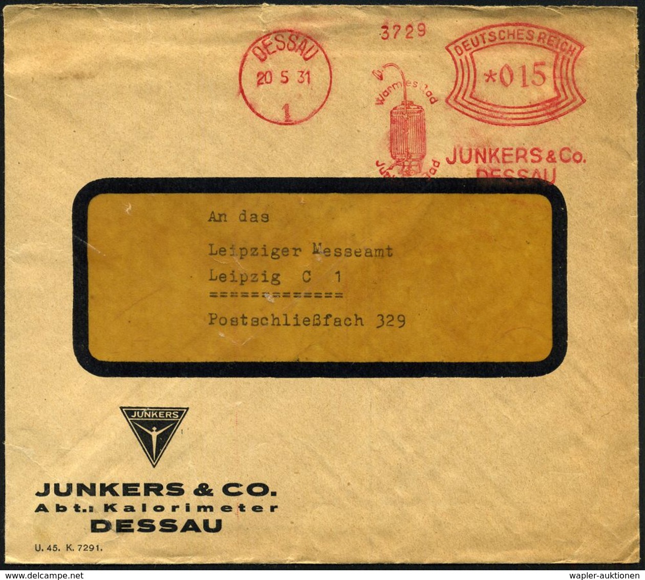 DESSAU/ 1/ Warmes Bad/ Junkers-Bad/ JUNKERS & Co 1931 (20.5.) AFS 015 Pf. = Badeofen Mit Dusche , Inl.-Firmen-Bf.: JUNKE - Flugzeuge