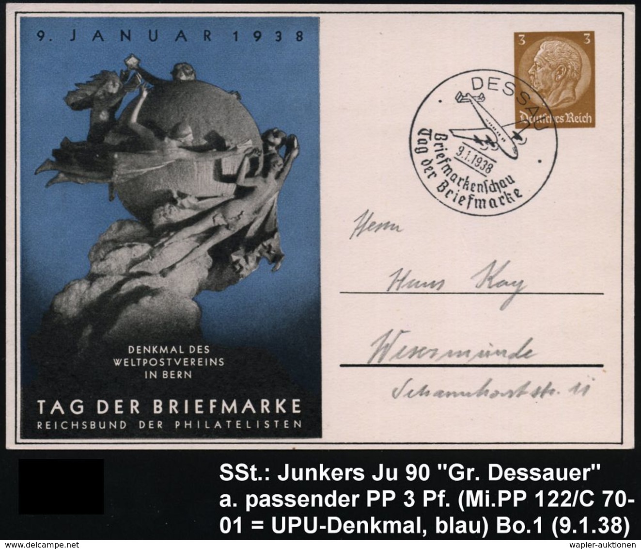 DESSAU/ Briefmarkenschau/ Tag Der Briefmarke 1938 (9.1.) SSt = Junkers "Ju 90" Auf PP 3 Pf. Hindenbg., Braun: TAG DER BR - Vliegtuigen