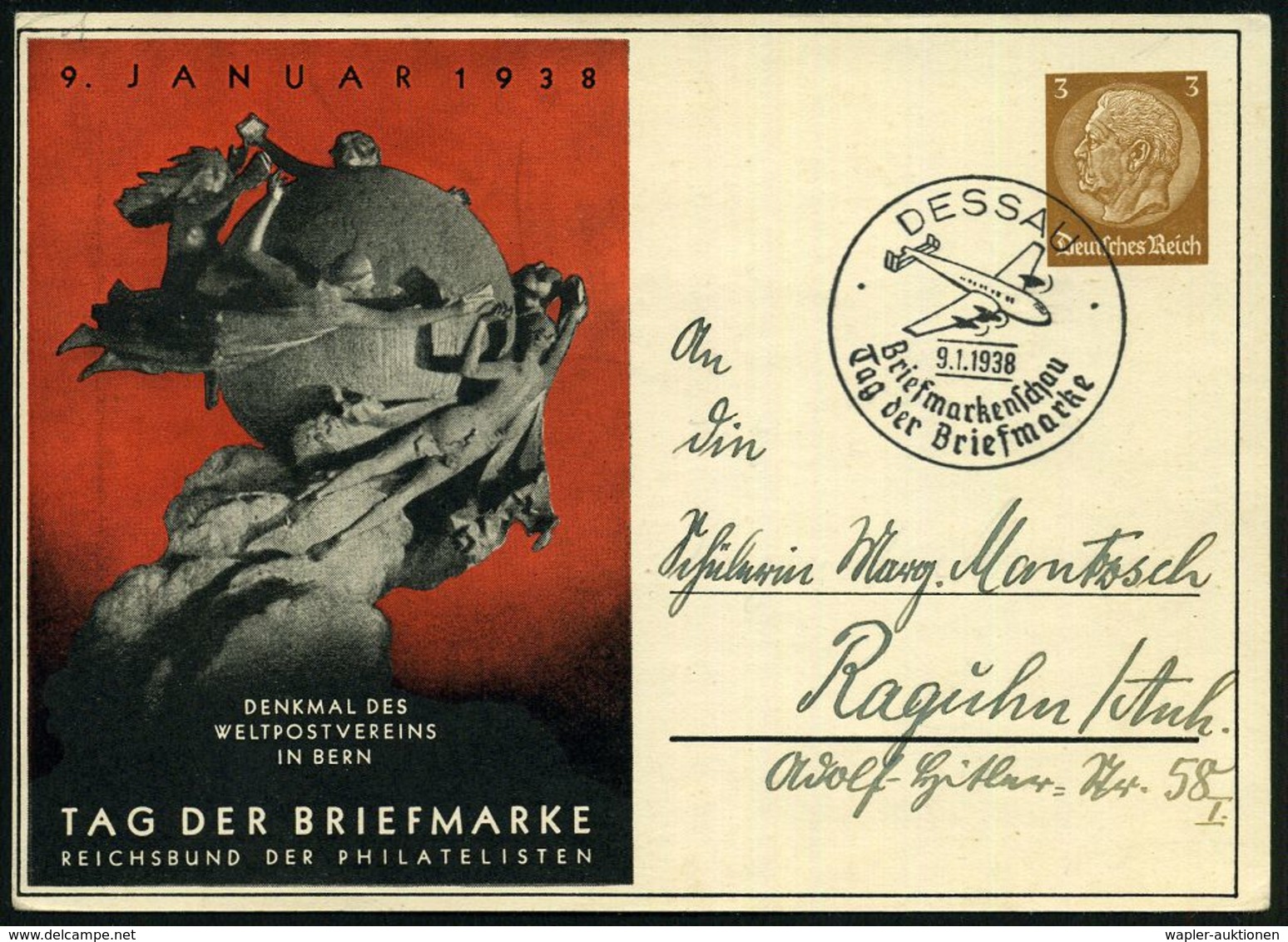 DESSAU/ Briefmarkenschau/ Tag Der Briefmarke 1938 (9.11.) SSt = Junkers Ju 90 "Dessauer" Klar Auf PP 3 Pf. Hindenbg.: TA - Aerei