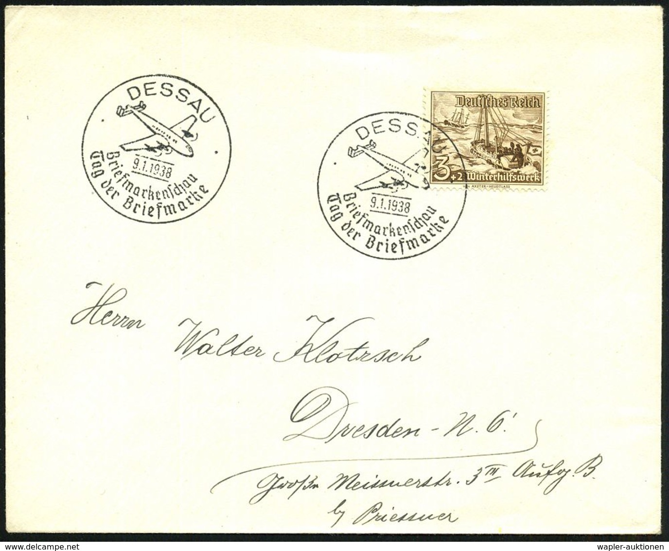 DESSAU/ Briefmarkenschau/ Tag Der Briefmarke 1938 (9.1.) SSt = Junkers Ju 90 (Passagierflugzeug) "Alter Dessauer" , Klar - Vliegtuigen