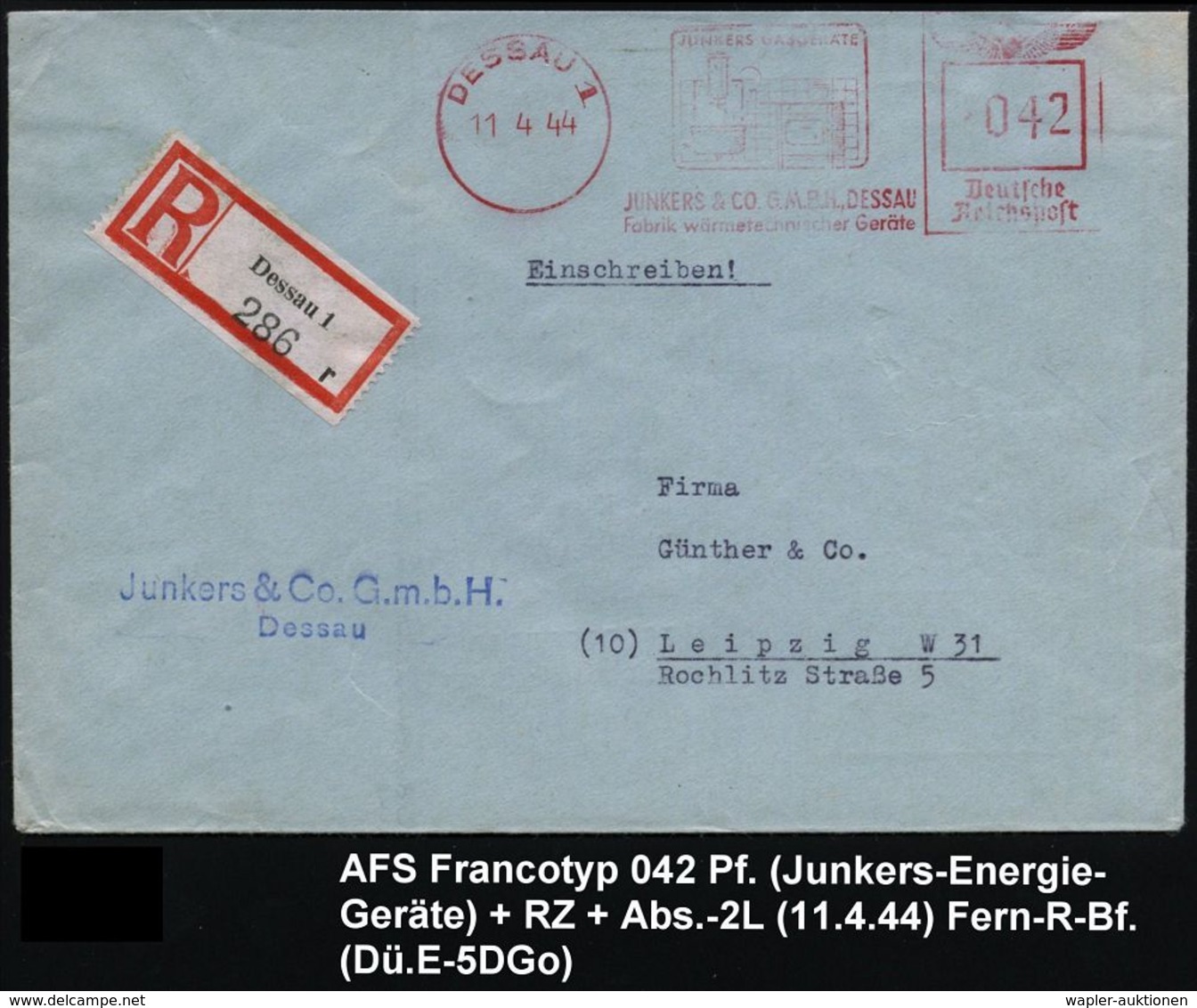 DESSAU 1/ JUNKERS GASGERÄTE/ JUNKERS & CO../ Fabrik Wärmetechn.Geräte 1944 (11.4.) AFS 042 Pf. = Gas-Therme, Gasherd (kr - Vliegtuigen