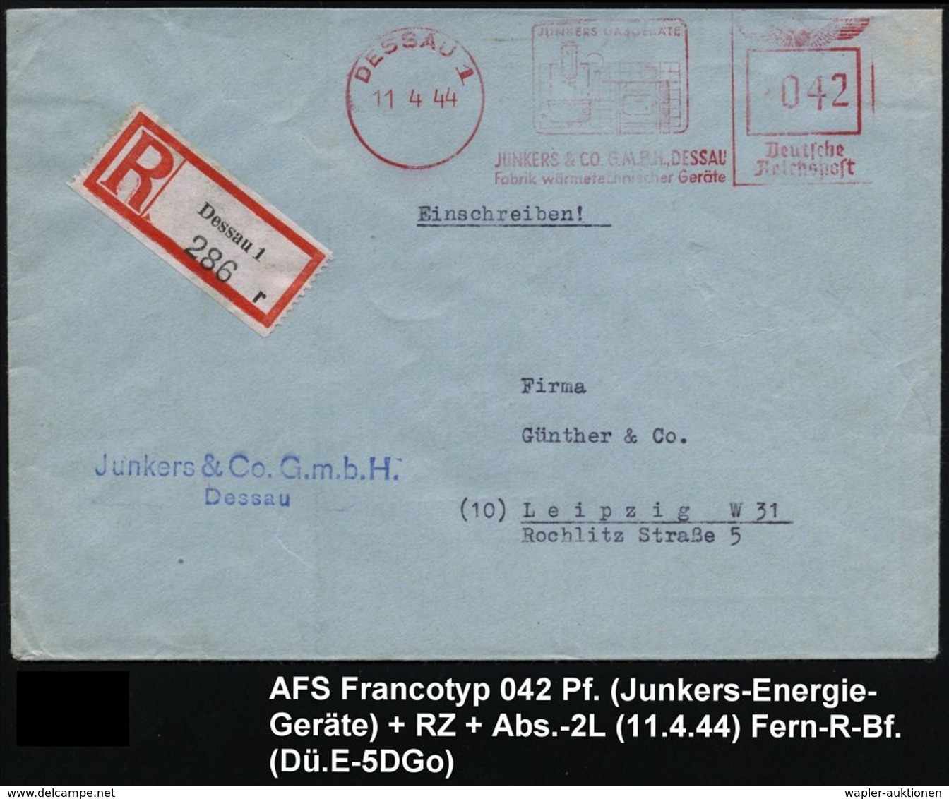DESSAU 1/ JUNKERS GASGERÄTE/ JUNKERS & CO../ Fabrik Wärmetechn.Geräte 1944 (11.4.) AFS 042 Pf. = Gas-Therme, Gasherd (kr - Avions