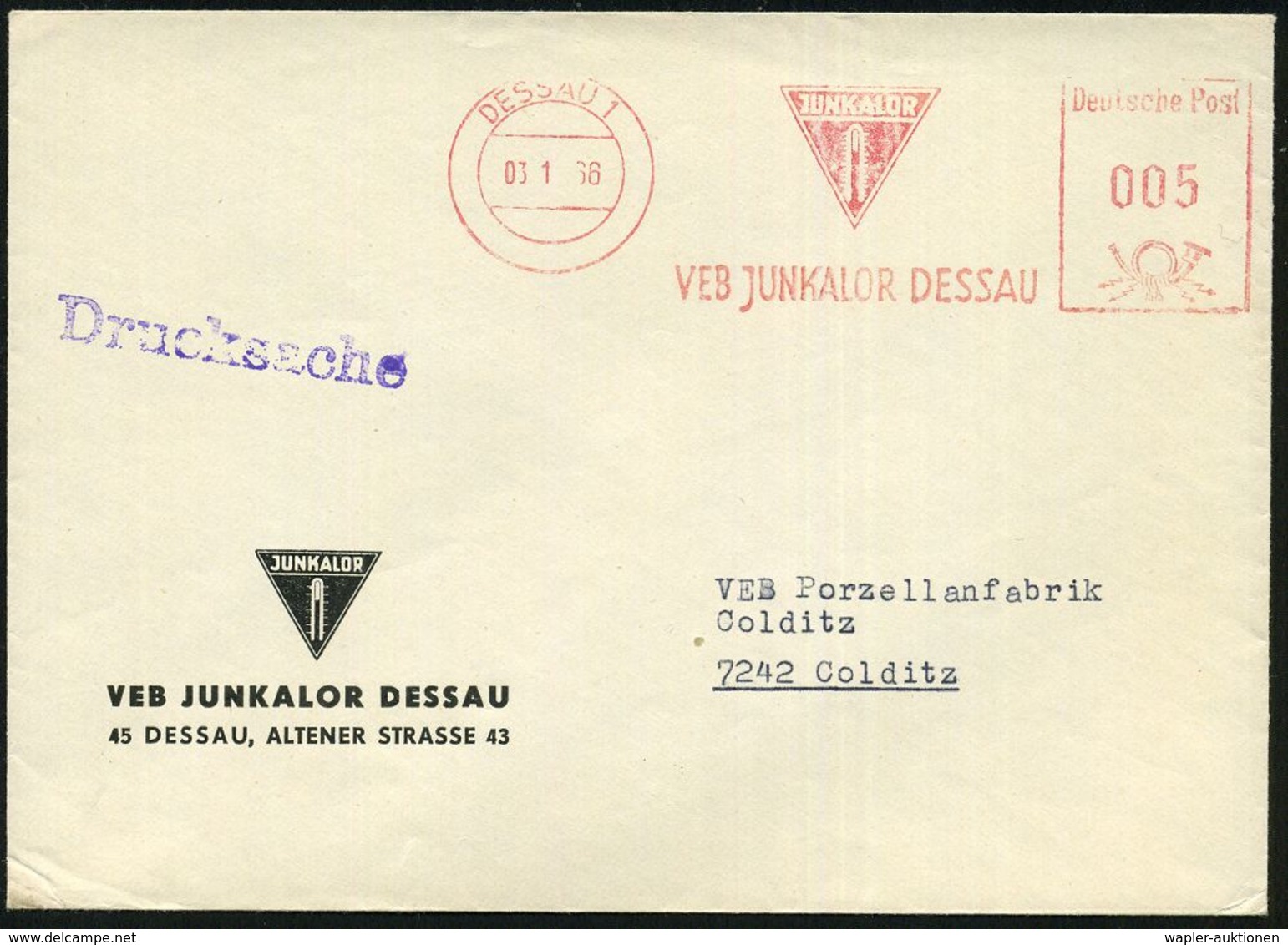 DESSAU 1/ VEB JUNKALOR DESSAU 1966 (3.1.) Seltener AFS (Thermometer-Logo) Auf Motivgl. Firmen-Bf.: VEB JUNKALOR.. = Ente - Avions