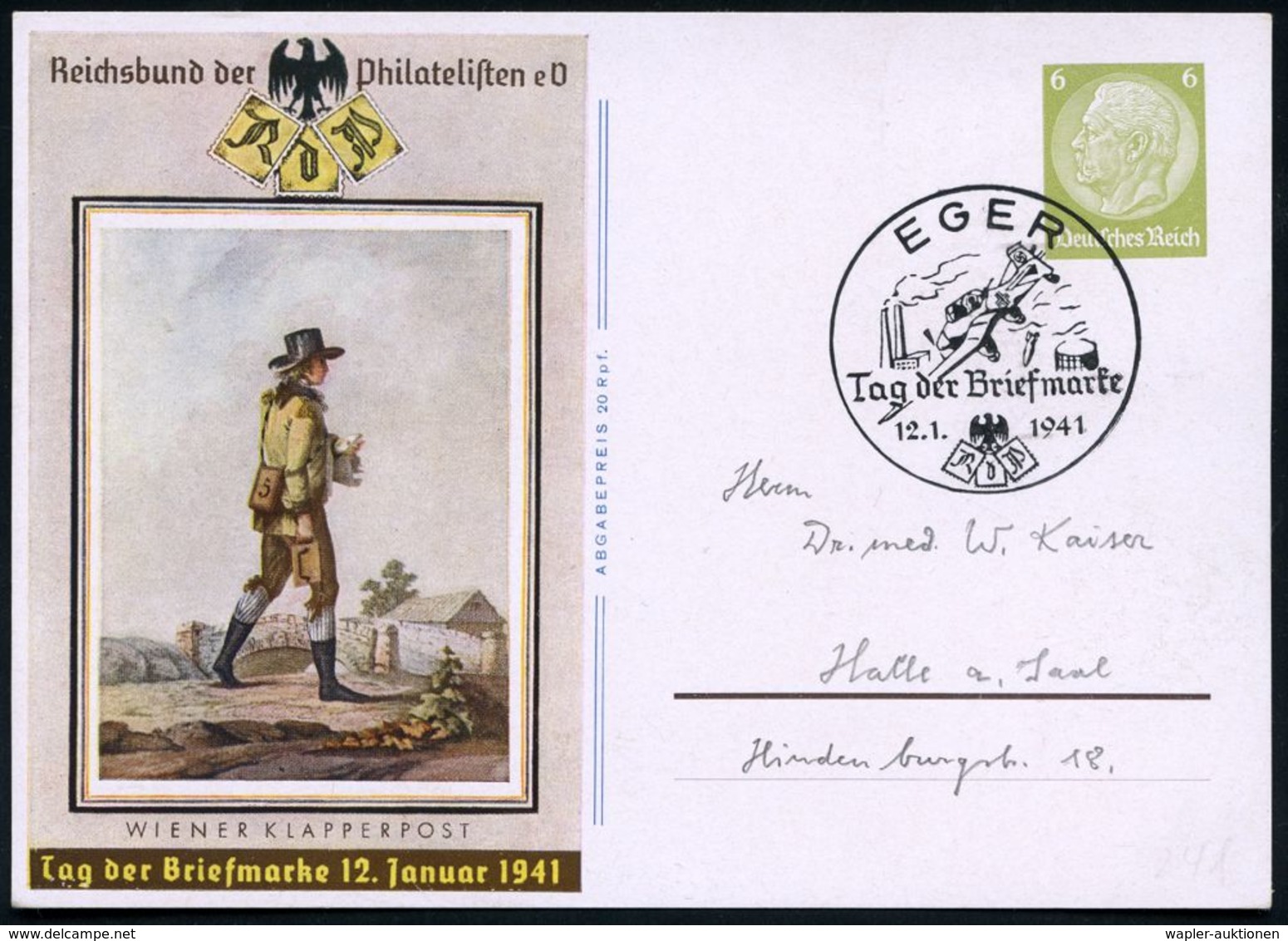 EGER/ Tag Der Briefmarke 1941 (12.1.) Seltener SSt = Ju 87 "Stuka" Auf Passender Sonder-P. 6 Pf. Hindenbg., Olivgrün: Ta - Aerei