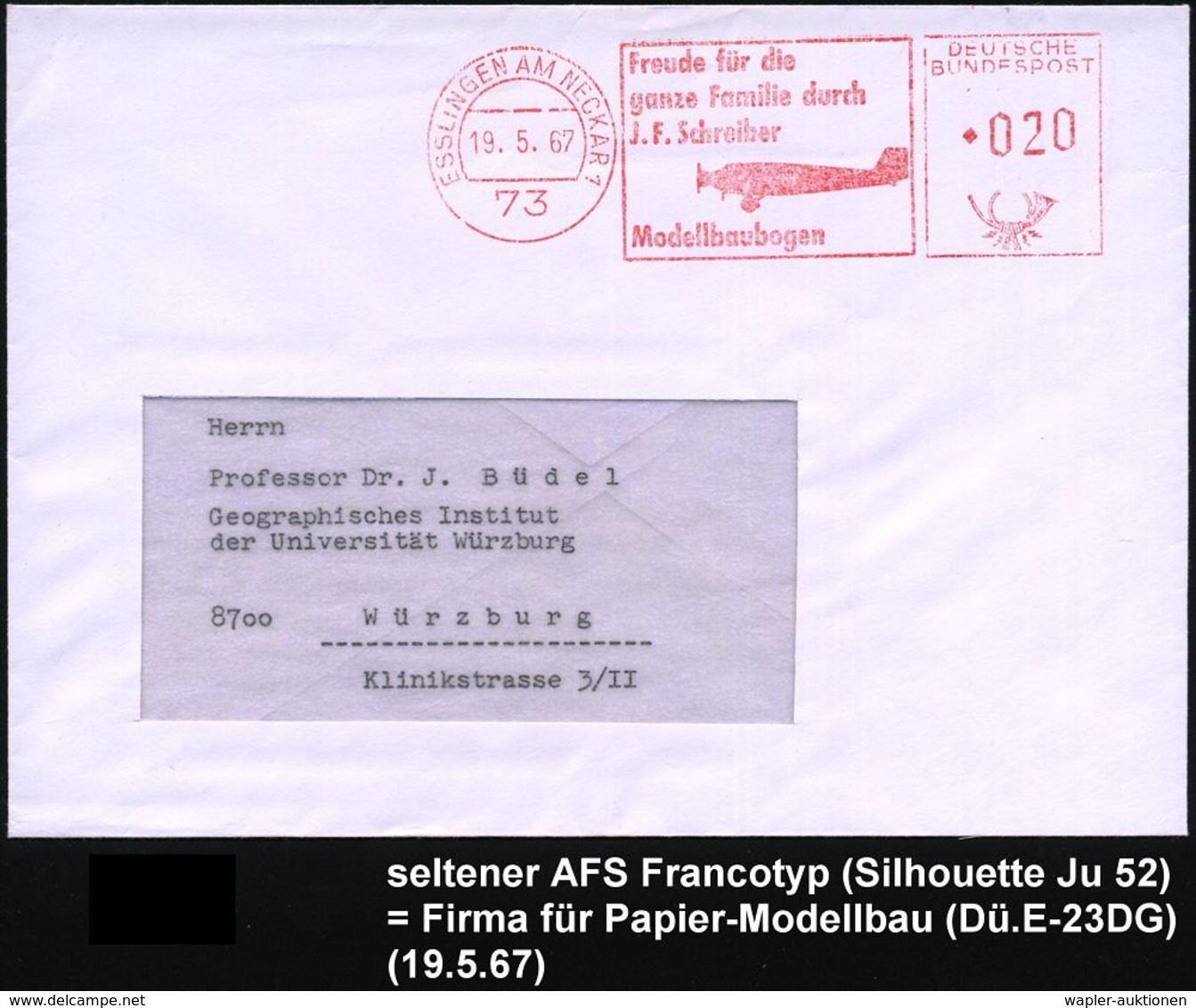 73 ESSLINGEN AM NECKAR 1/ ..J.F.Schreiber/ Modellbaubogen 1967 (19.5.) Seltener AFS = Junkers Ju 52 (Silhouette) Klar Ge - Vliegtuigen