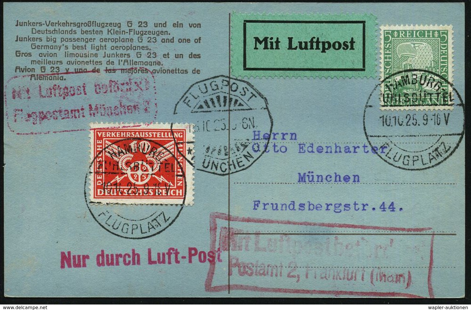 HAMBURG-/ FUHLBÜTTEL/ FLUPLATZ 1925 (10.10.) 1K-Brücke (Mi.A 33-01 + 20.- EUR) + + 2 Rote AS, Ra.:MLb/Postamt 2, Frankfu - Avions