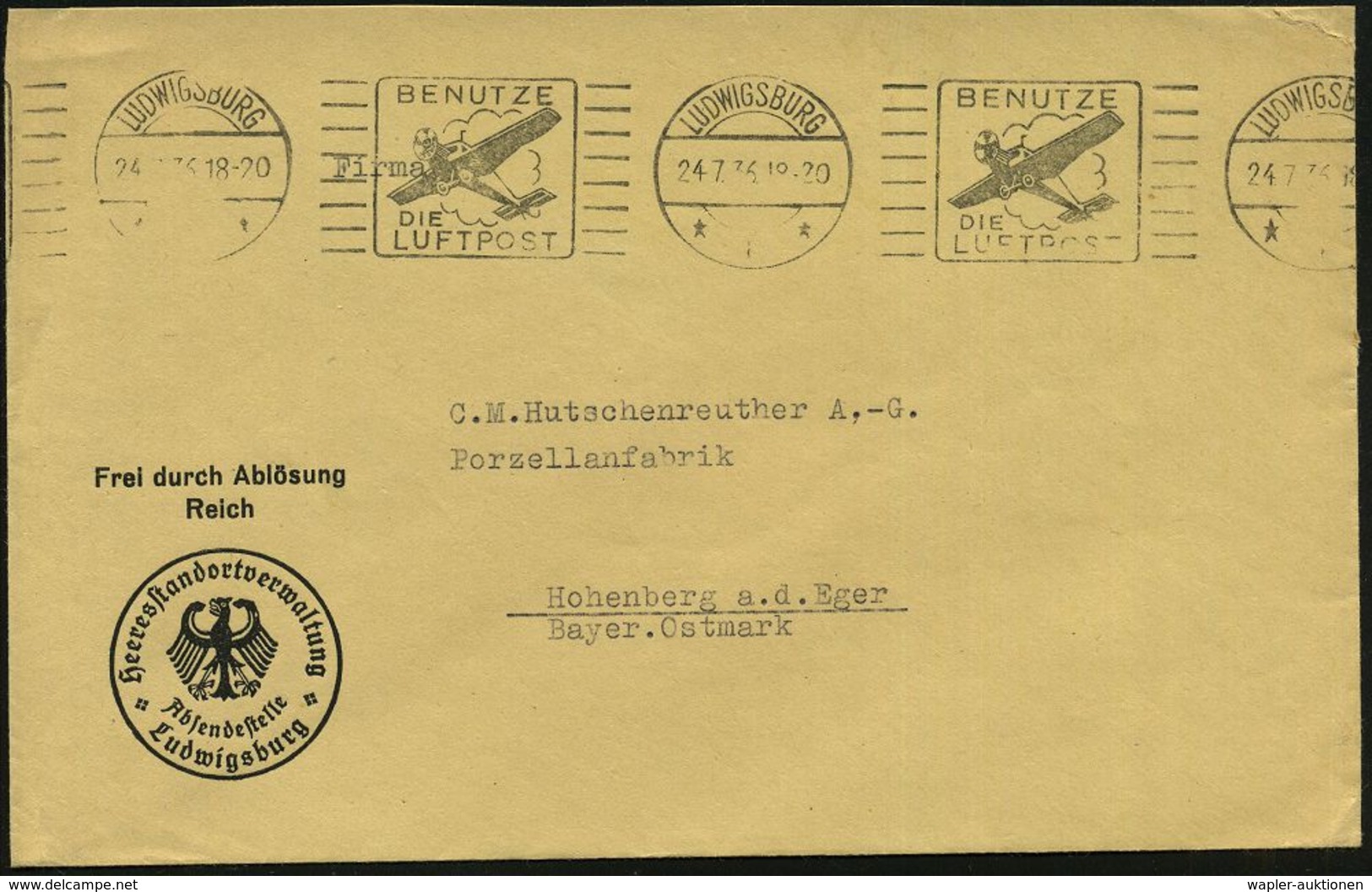 LUDWIGSBURG/ *1*/ BENUTZE/ DIE/ LUFTPOST 1936 (24.7.) Bd.MWSt = Junkers "F 13" (teils Im Ort Etw. Undeutl.) Auf Dienst-B - Vliegtuigen