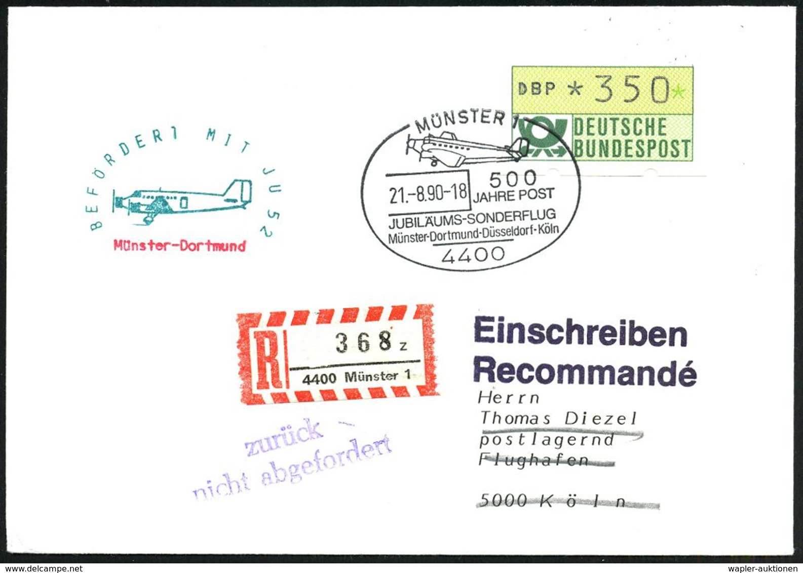 4400 MÜNSTER 1/ 500 JAHRE POST/ JUBILÄUMS-SONDERFLUG.. 1990 (21.8.) SSt = Ju 52 + HdN: BEFÖRDERT MIT JU 52/ Münster-Dort - Vliegtuigen