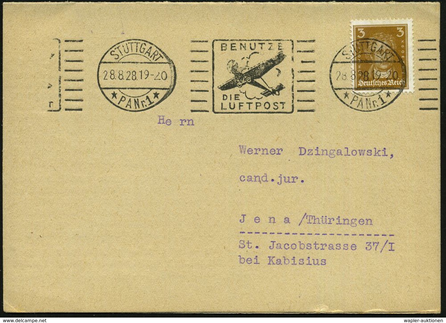 STUTTGART/ *PA Nr.1*/ BENUTZE/ DIE/ LUFTPOST 1928 (28.8.) BdMWSt, Seltene Frühe Type = Junkers "F 13" Klar Auf Reklame-K - Avions