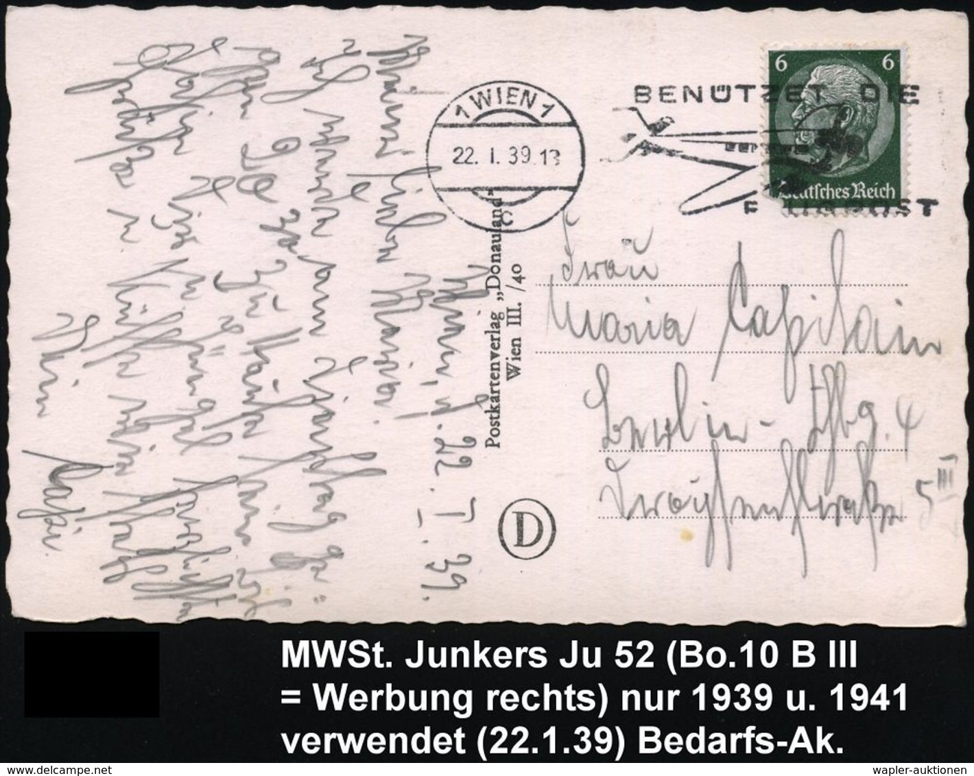 1 WIEN 1/ C/ BENÜTZET DIE/ FLUGPOST 1939 (22.1.) Aptierter, Ehem. österr. MWSt = Sterne  E N T F E R N T , Werbung Recht - Airplanes