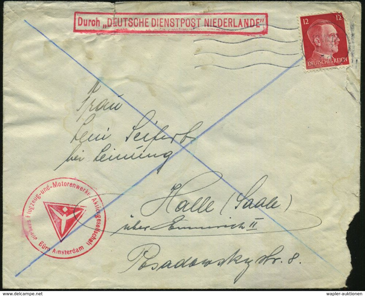 DT.BES.NIEDERLANDE 1942 (12.8.) Stummer Ma.WellenSt. = Amsterdam Auf EF 12 Pf. Hitler + Roter Ra: Durch "DEUTSCHE DIENST - Flugzeuge