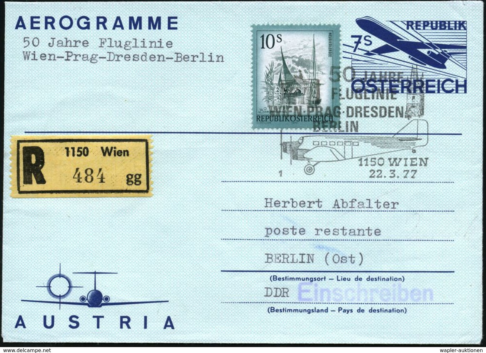ÖSTERREICH 1977 (22.3.) 7 S. Aerogramm + 10 S. Dauerserie, SSt: 1150 WIEN/1/50 JAHRE/FLUGLINIE/WIEN-PRAG-DRESDEN/ BERLIN - Airplanes