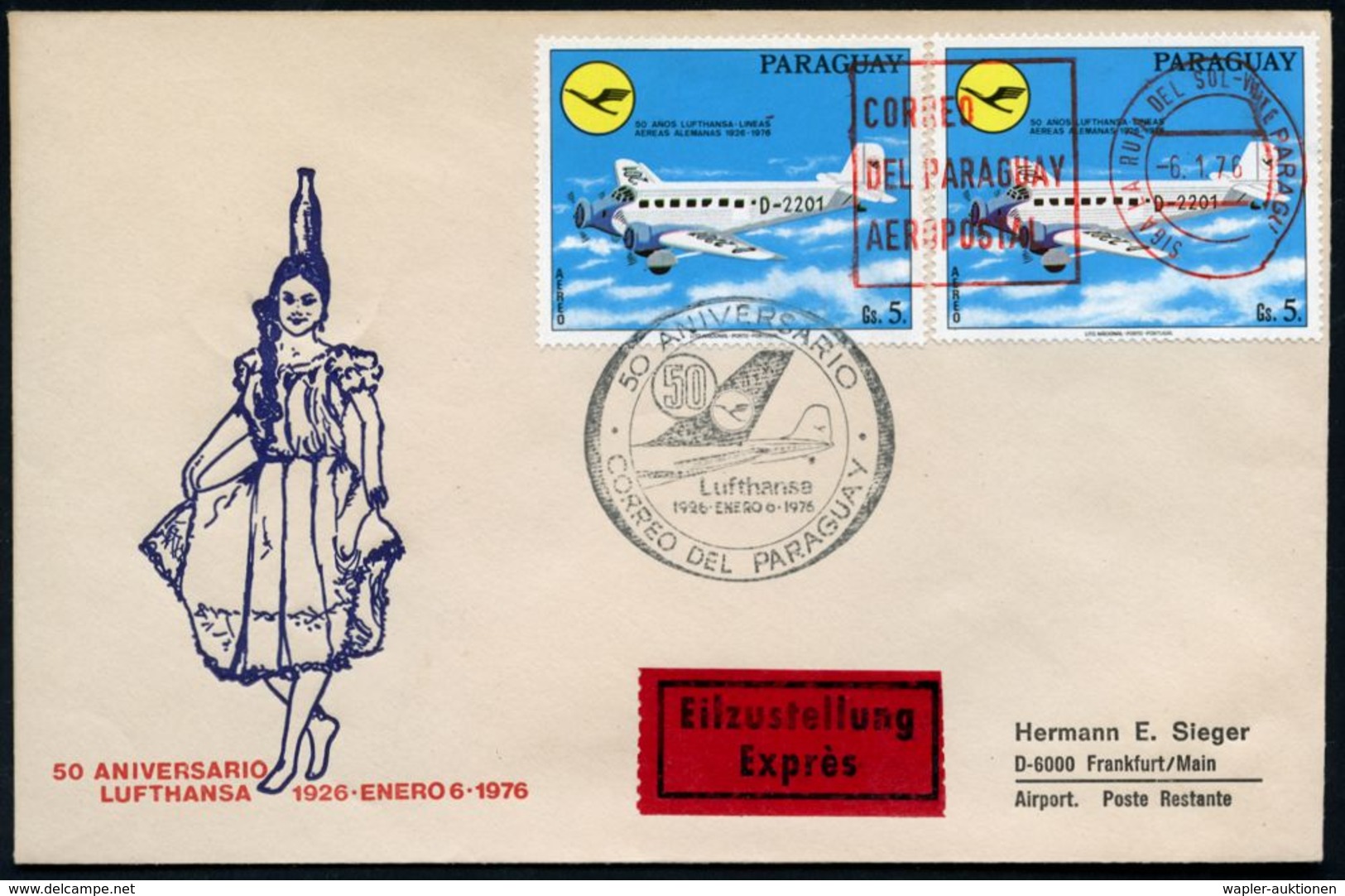 PARAGUAY 1976 (6.1.) 5 Gs. "50 Jahre DLH", Reine MeF, Paar = Ju 52, Roter MaWSt. + DLH-SSt. , Dekorat. Übersee-Eil-Sonde - Avions