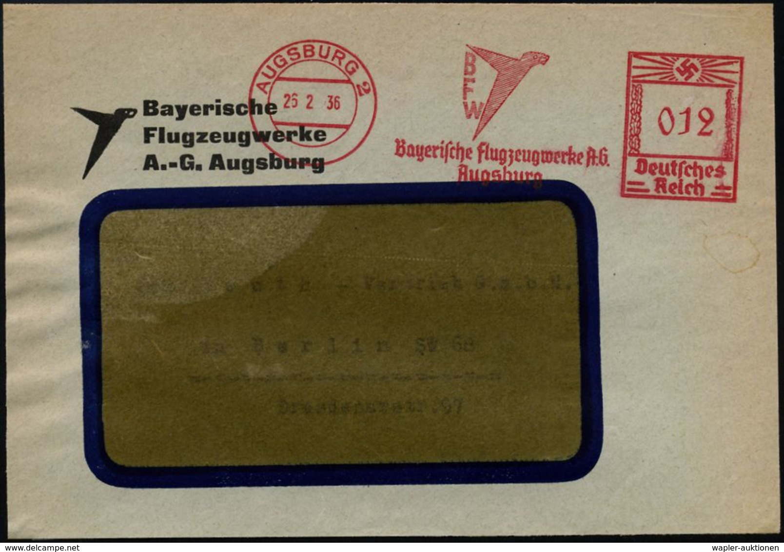 AUGSBURG 2/ BFW/ Bayerische Flugzeugwerke AG. 1936 (26.2.) Seltener AFS = Firma Messerschmitt (Messerschmitt-Logo) Herst - Vliegtuigen