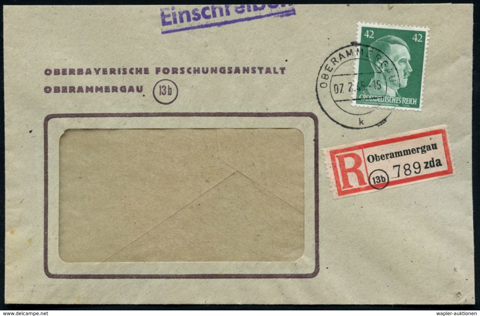 OBERAMMERGAU/ K 1945 (7.2.) 2K-Steg + Selbstbucher-RZ Mit Postleitgebietszahl: (13 B) Oberammergau / Z D A = Oberbayer.  - Vliegtuigen