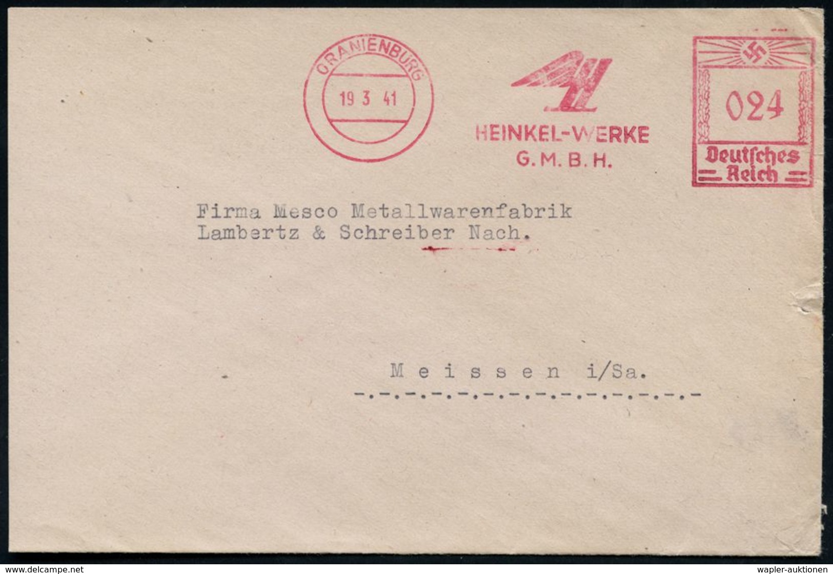 ORANIENBURG/ HEINKEL-WERKE/ GMBH 1941 (19.5.) Seltener AFS (Logo = Geflügeltes "H") Rs. Abs.-Vordruck, Klar Gest. (links - Aerei