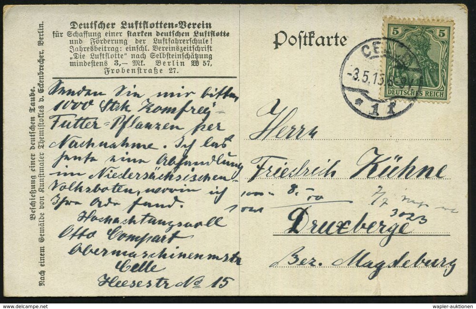 DEUTSCHES REICH 1915 (3.5.) Color-Propaganda-Künstler-Ak.: Beschießung Einer Deutschen Taube, Deutscher Luftflottenverei - Flugzeuge