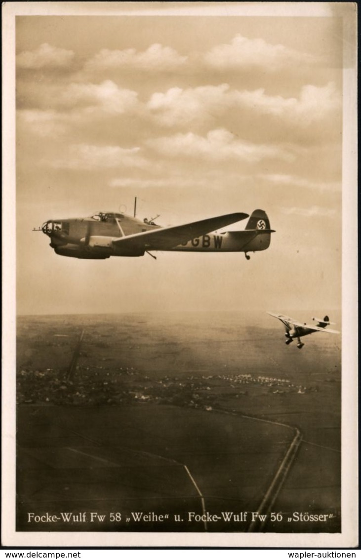 DEUTSCHES REICH 1939 (ca.) S/w.-Foto-Ak.:  Focke Wulf Fw 58 "Weihe" U. Fw 50 "Stösser" (rs. Freigabe-Vermerk RLM) Ungebr - Flugzeuge