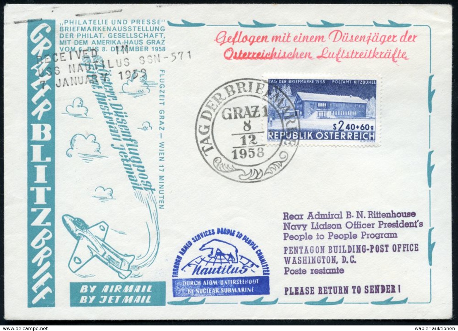 ÖSTERREICH 1958 (6.12.) SSt: GRAZ 1/2/TAG DER BRIEFMARKE + Bl. HdN: Nautilus/DURCH ATOM UNTERSEEBOOT (Eisbär) + AS 3L: R - Aviones