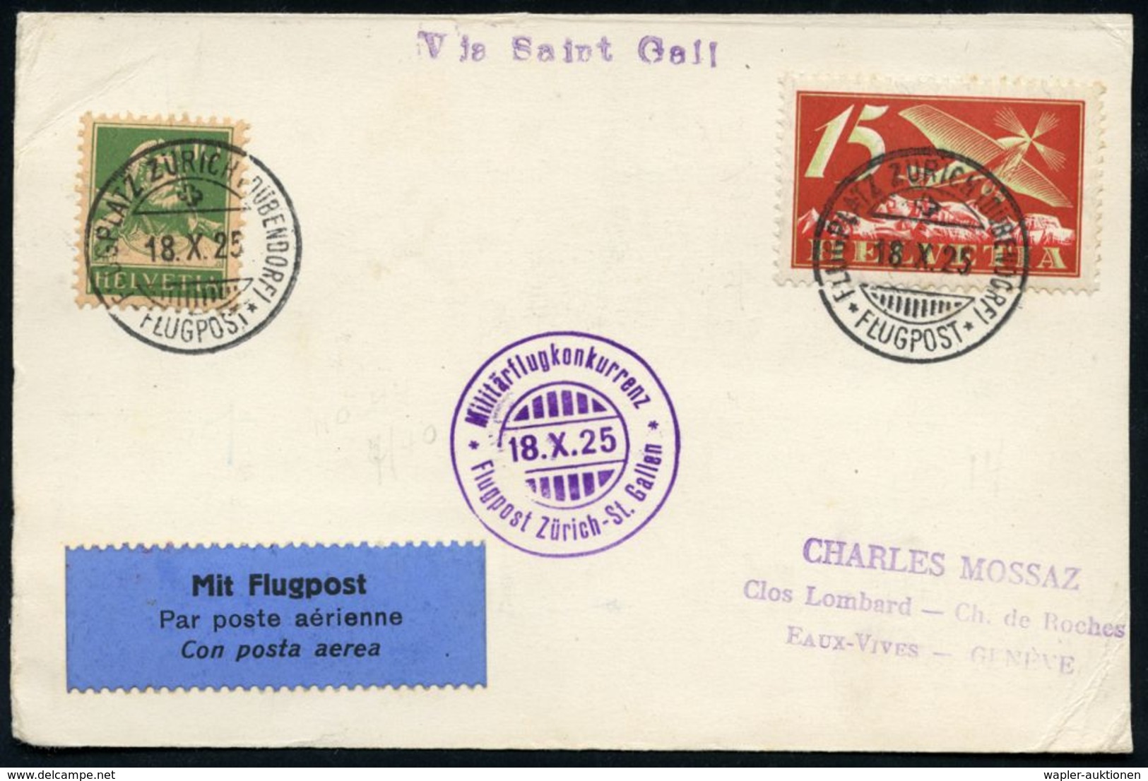 SCHWEIZ 1925 (18.10.) 1K-Gitter: FLUGPLATZ ZÜRICH (DÜBENDORF)/FLUGPOST + Viol.HdN: Militärflugkonkurrenz/ Flugpost Züric - Aviones