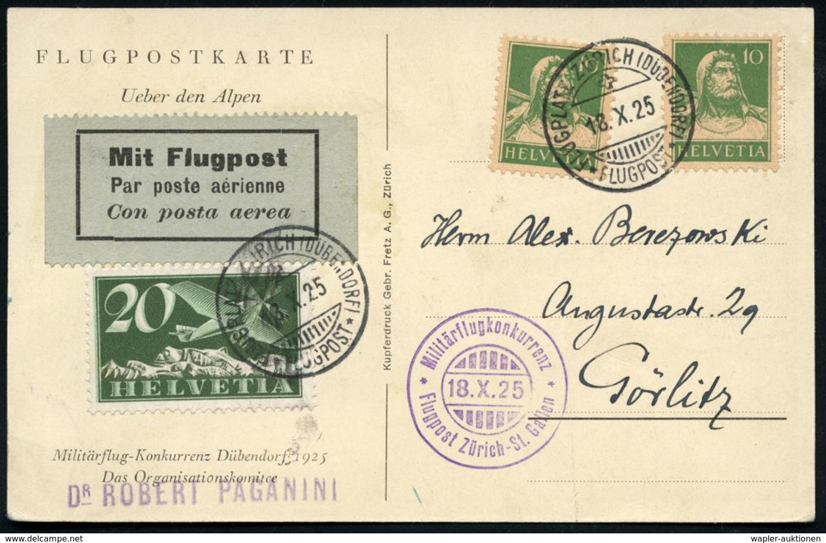 SCHWEIZ 1925 (18.10.) 1K-Gitter: FLUGPLATZ ZÜRICH (DÜBENDORF)/FLUGPOST + Viol.HdN: Militärflugkonkurrenz/ Flugpost Züric - Flugzeuge