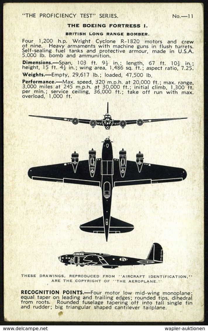 U.S.A. /  GROSSBRITANNIEN 1941 (ca.) Valentine's "Aircraft Recognition" Cards Mit Bomber Boeing "Fortress I", R.A.F.-Ver - Flugzeuge