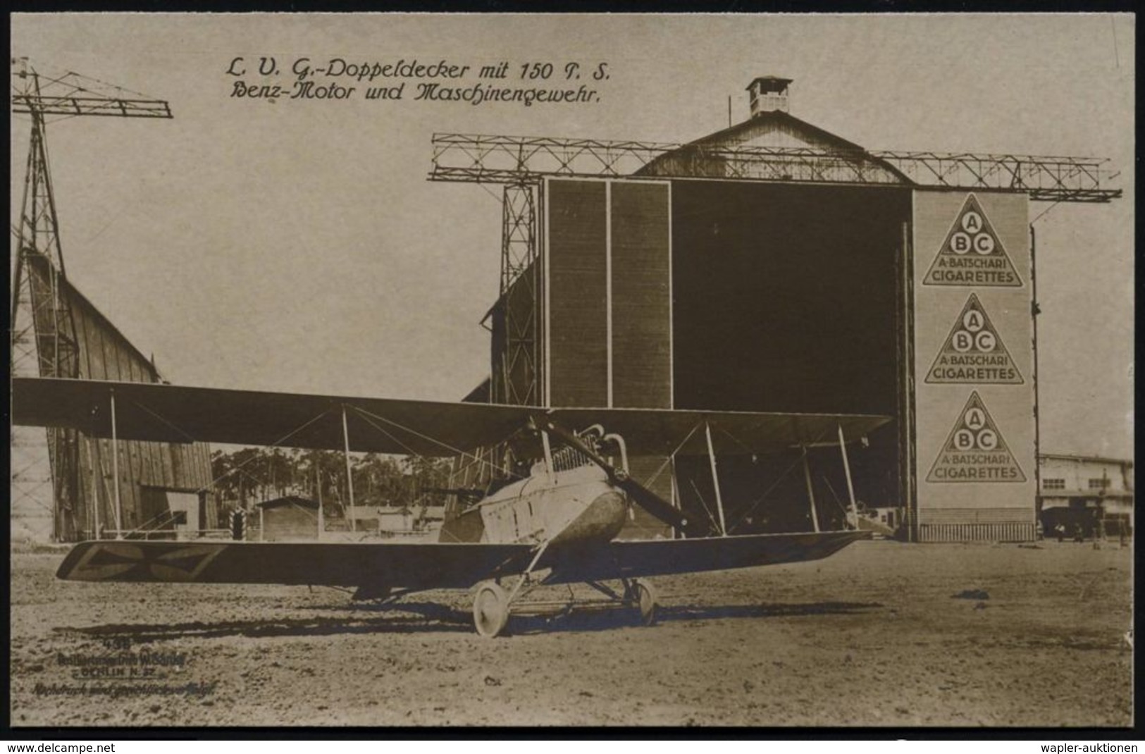 Berlin-Johannisthal 1915 (ca.) S/w.-Foto-Ak.: L.V.G.-Doppeldecker Mit 150 PS. Benz-Motor U. Maschinengewehr (Uhv. H. Zer - Avions