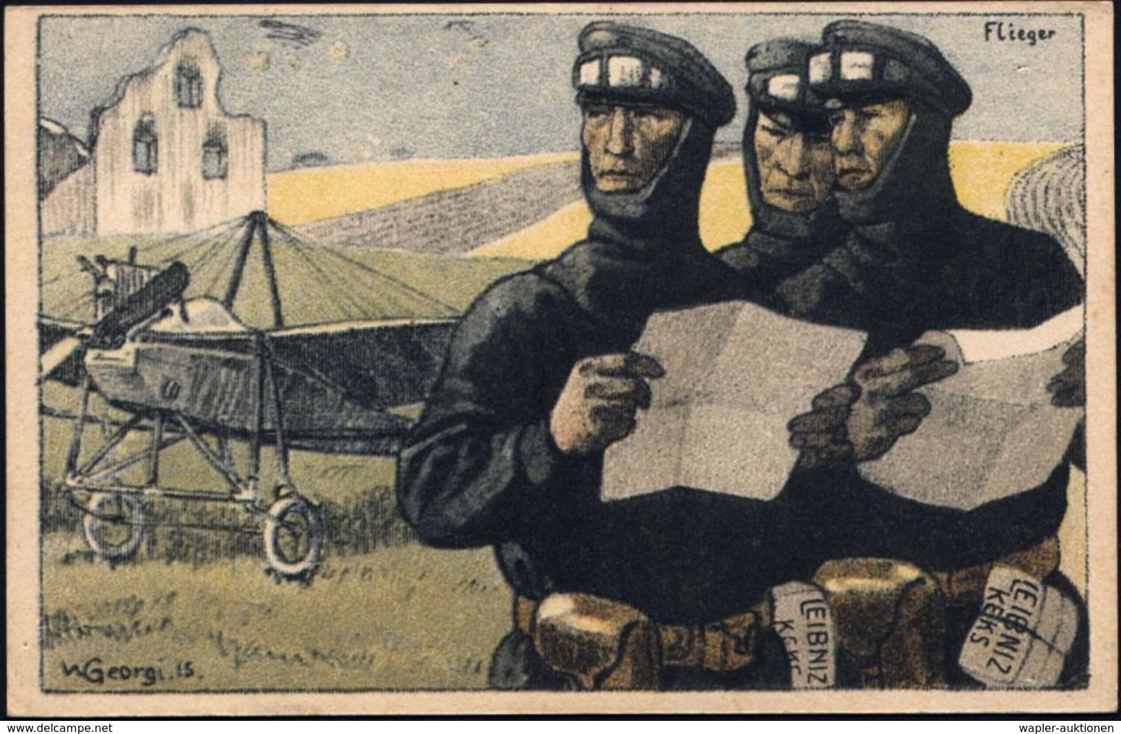 DEUTSCHES REICH 1917 (ca.) Color-Künstler-Reklame-Ak.: H.BAHLSEN-KEKS, HANNOVER = 3 Kampflieger Gelandet Orientieren Sic - Vliegtuigen