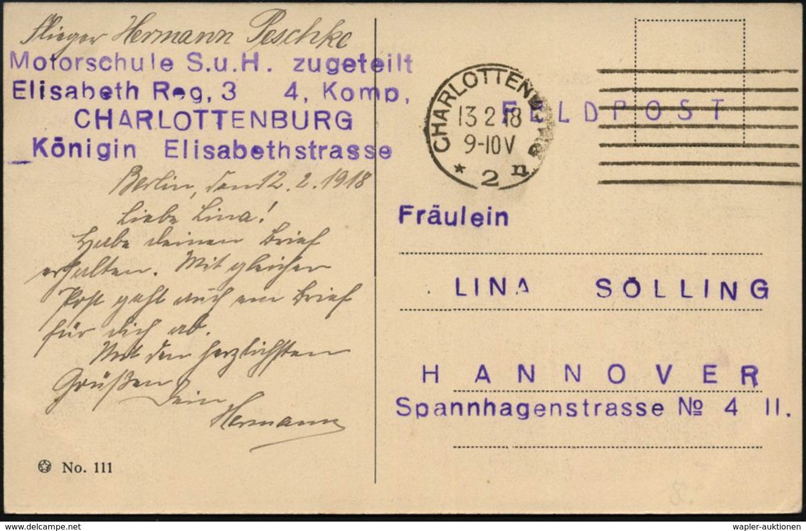 Berlin-Charlottenbg. 1918 (13.2.) MaStrichSt.: CHARLOTTENBURG/*2n + Viol. 4L: Motorschule S. U. H. Zugeteilt/Elisabeth R - Vliegtuigen