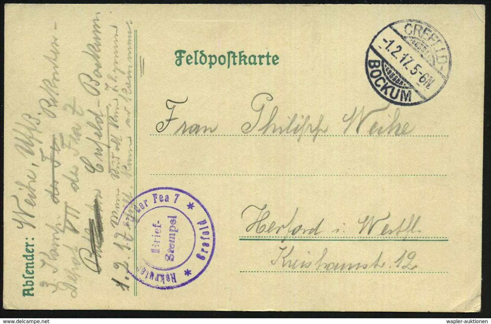 Krefeld 1917 (1.2.) 1K-Gitter: CREFELD-/BOCKUM + Viol. 2K-HdN: Rekrutendepot VII Der Fea 7/Crefeld (Nr.1233, Oben Gering - Aerei