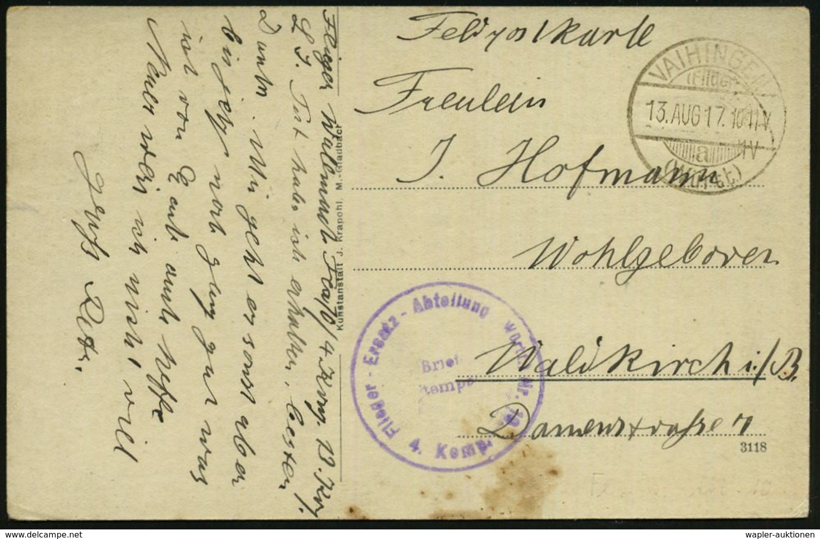 VAIHINGEN/ (Filder)/ A/ (Württ) 1917 (13.8.) 1K-Gitter + Viol. 1K-HdN: Flieger-Ersatz-Abteilung Württ. Nr. 10 (Nr.1211)  - Aerei