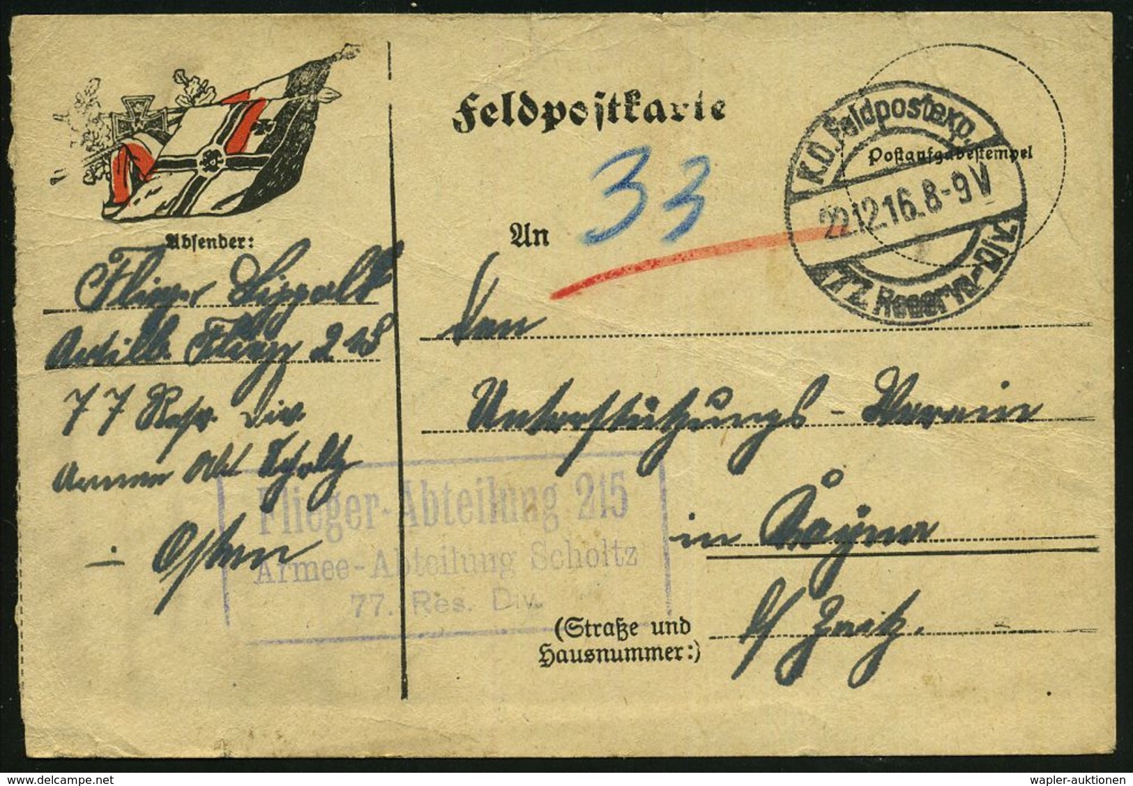 DEUTSCHES REICH 1916 (22.12.) 1K-Brücke: K. D. Feldpostexp./ 77. Reserve-Div. (Nr.1302) + Blauer Ra.3: Flieger-Abteilung - Vliegtuigen