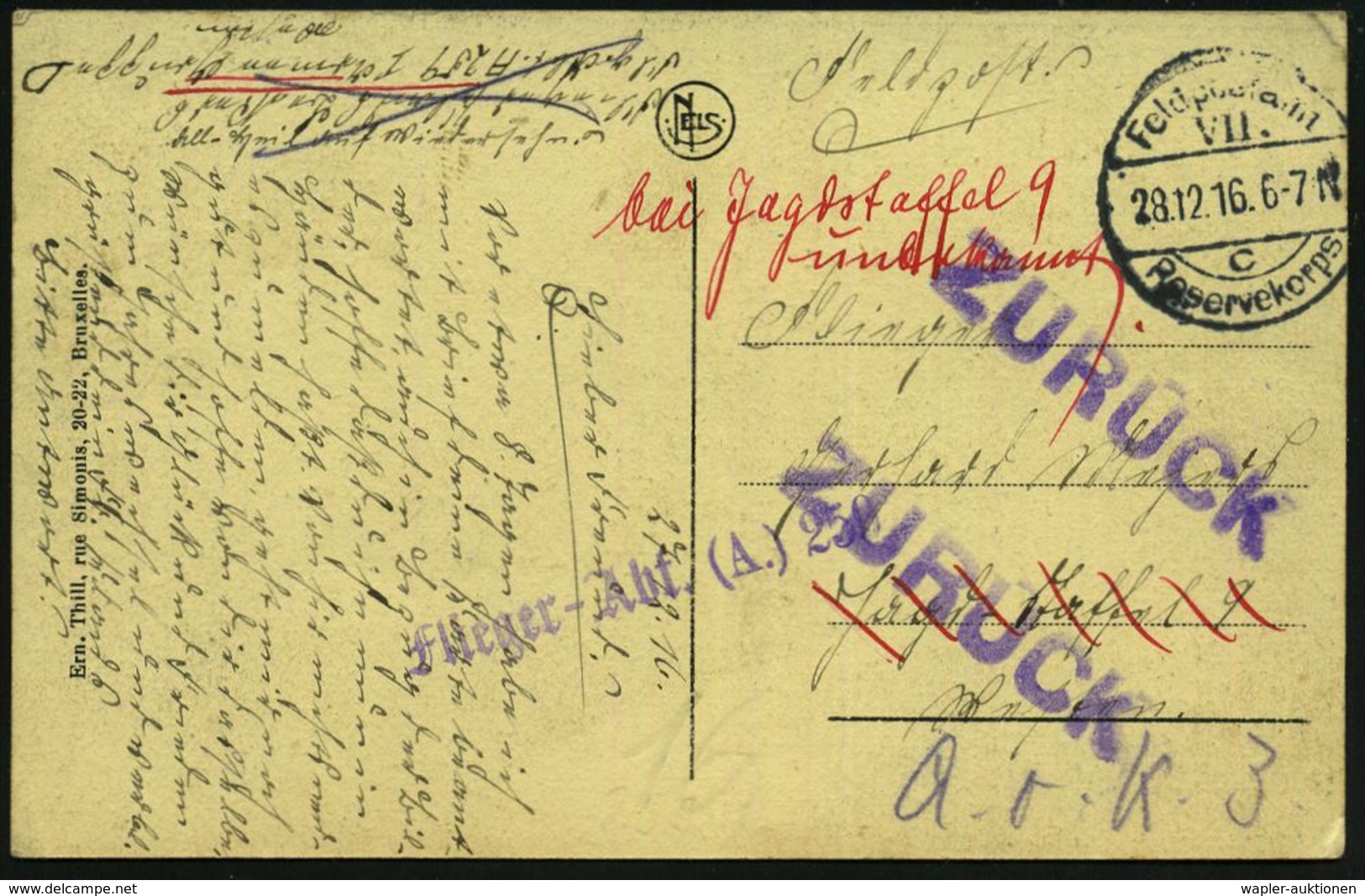 DEUTSCHES REICH 1916 (28.12.) 1K-Brücke: Feldpostamt/VII./c/Reservekorps (Nr.311) + Seltener, Viol. 1L: Flieger-Abt. (A. - Vliegtuigen