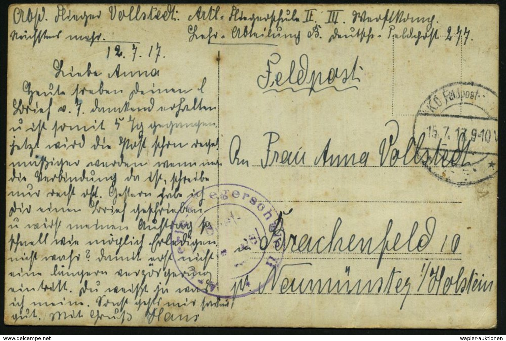 DEUTSCHES REICH 1917 (15.7.) Aptierte 1K-Brücke: K. D. Feldpost/** = Tarnstempel (rechts Nicht Ganz Voll) + Seltener, Vi - Aerei