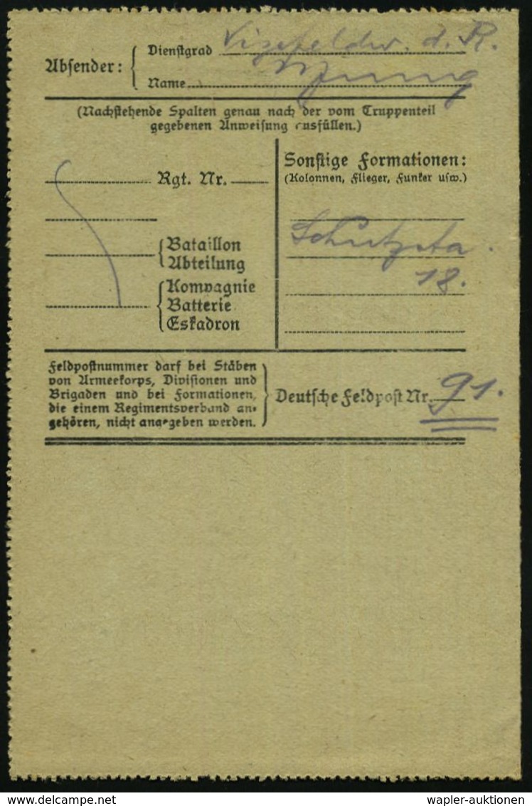 DEUTSCHES REICH 1917 (12.10.) Aptierte 1K-Brücke: K. D. Feldpost/** = Tarnstempel + Seltener, Viol. 2K-HdN: Schutzstaffe - Vliegtuigen