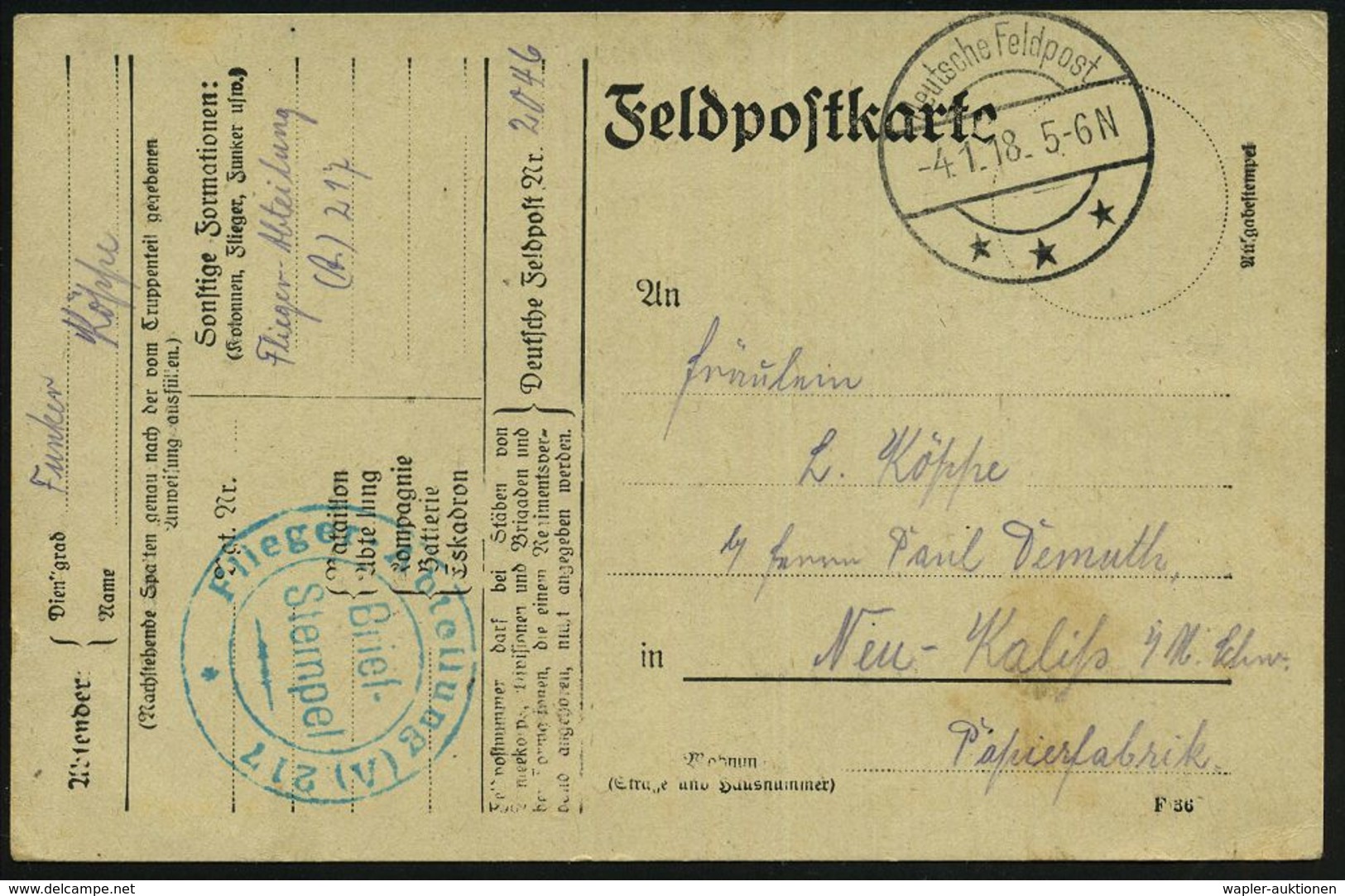 DEUTSCHES REICH 1918 (4.1.) 1K-Brücke: Deutsche Feldpost/*** = Tarnstempel + Seltener, Grüner 2K-HdN: Flieger-Abteilung  - Vliegtuigen