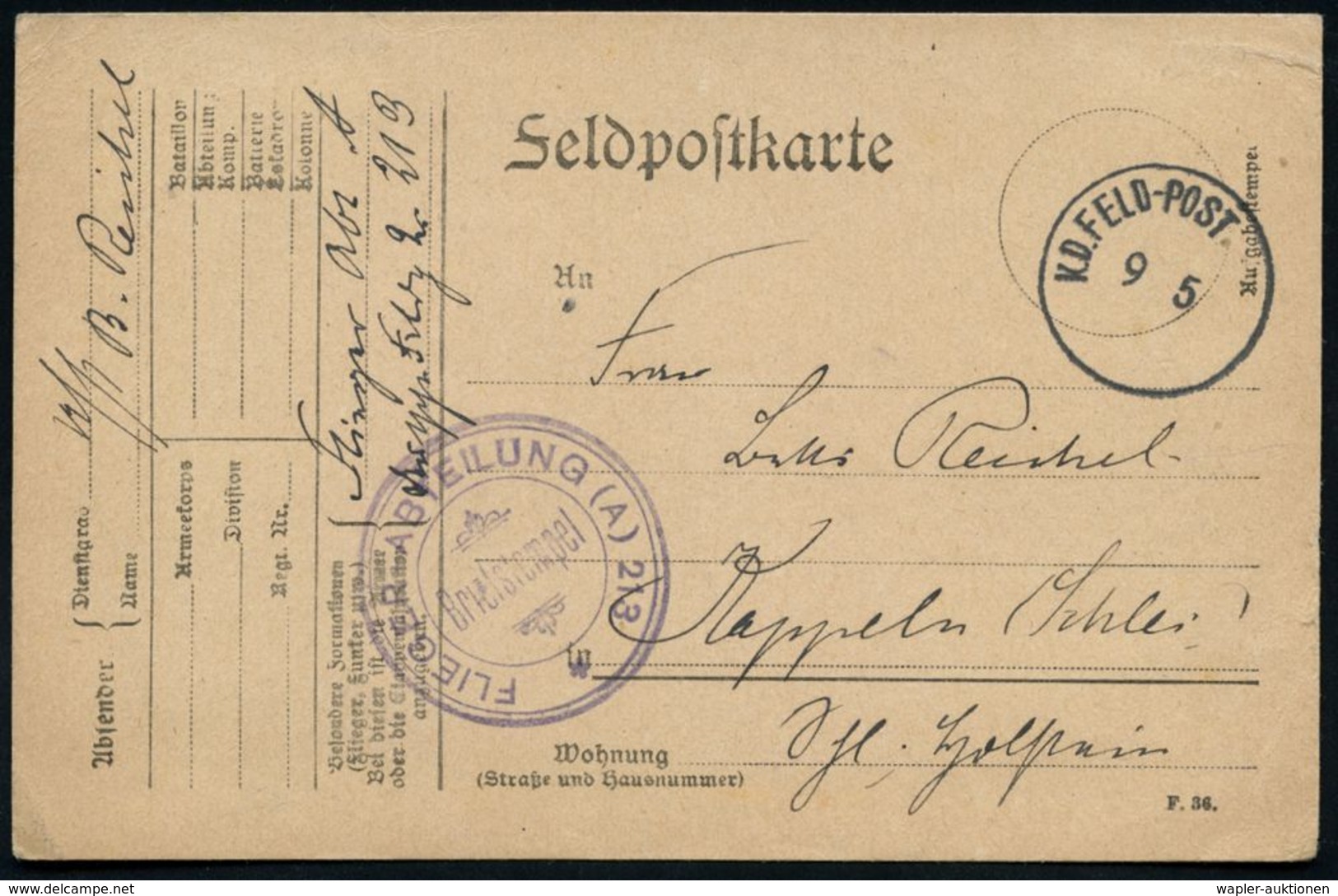 DT.BES.BELGIEN 1917 (18.3.) Aptierter 1K: K. D. FELD-POST + Seltener, Viol. 3K-HdN: FLIEGER-ABTEILUNG (A) 213/* (Nr.373) - Aerei