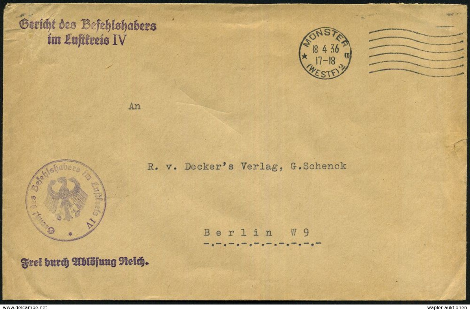 MÜNSTER/ *II/ (WESTF) 2 1936 (18.4.) MaWellenSt + Viol. 1L: FdAR + 2 Viol. HdN: Gericht Des Befehlshabers Im Luftkreis I - Avions