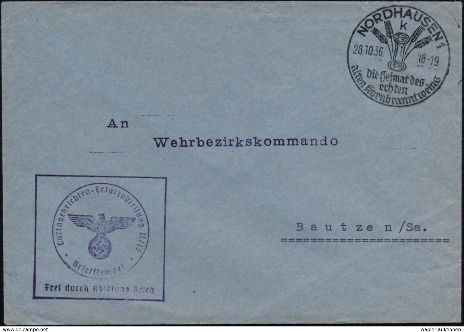 NORDHAUSEN 1/ K/ Die Heimat/ Des..Kornbranntweins 1936 (28.10.) HWSt (Korn, Schnapsglas) + Viol. HdN: FdAR/ Luftnachrich - Vliegtuigen