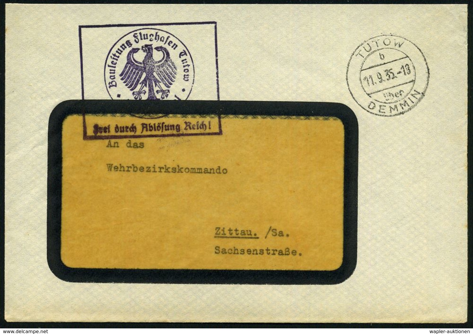 TUTOW/ B/ über/ DEMMIN 1935 (11.9.) 2K-Steg = PSt. II + Viol. Ra.: Bauleitung Flughafen Tutow/FdAR, Noch Alter Weimarer  - Flugzeuge