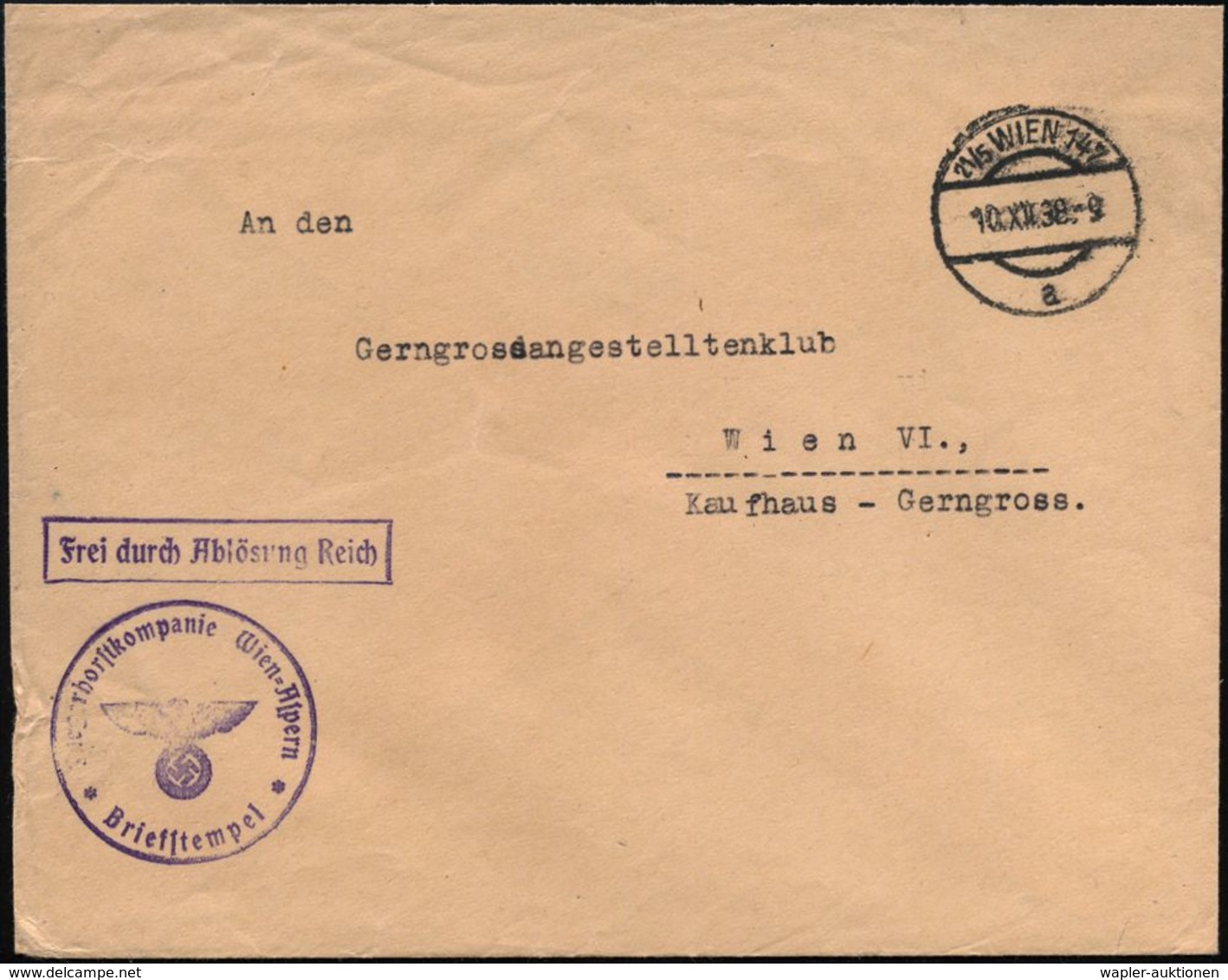 21/5 WIEN 147/ A 1938 (10.12.) Ehem., österr. 1K-Brücke + Viol. Ra.: FdAR + 1K-HdN: Fliegerhorstkompanie Wien-Aspern (NS - Aerei