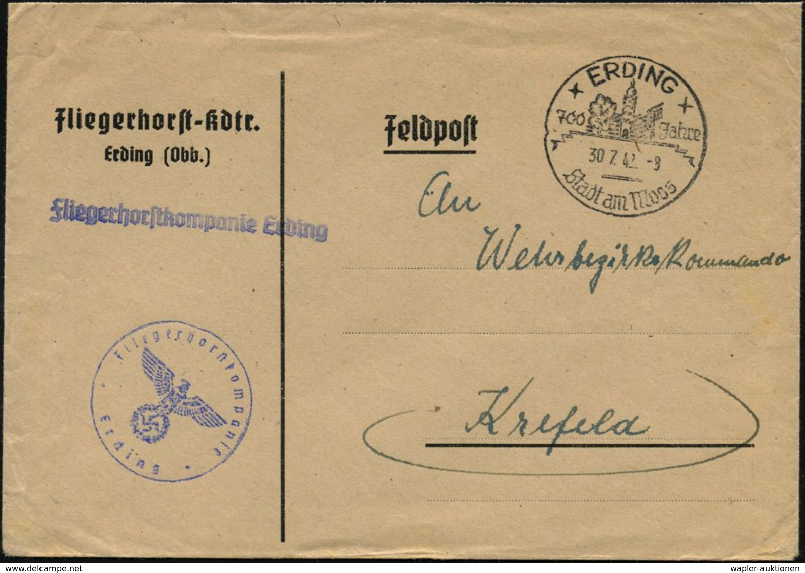 ERDING/ 700 Jahre/ Stadt Am Moos 1942 (30.7.) HWSt + Viol. 1L: Fliegerhorstkompanie Erding + Entspr.1K-HdN. , Klar Gest. - Vliegtuigen