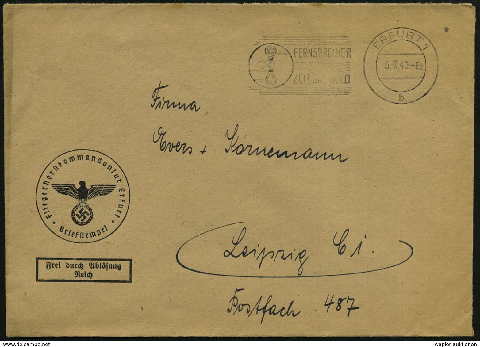 ERFURT 1/ B/ FERNSPRECHER/ SPART/ ZEIT U:GELD 1940 (5.7.) MWSt Auf Dienst-Bf.: Fliegerhorstkommandantur Erfurt/ FdAR (NS - Aerei