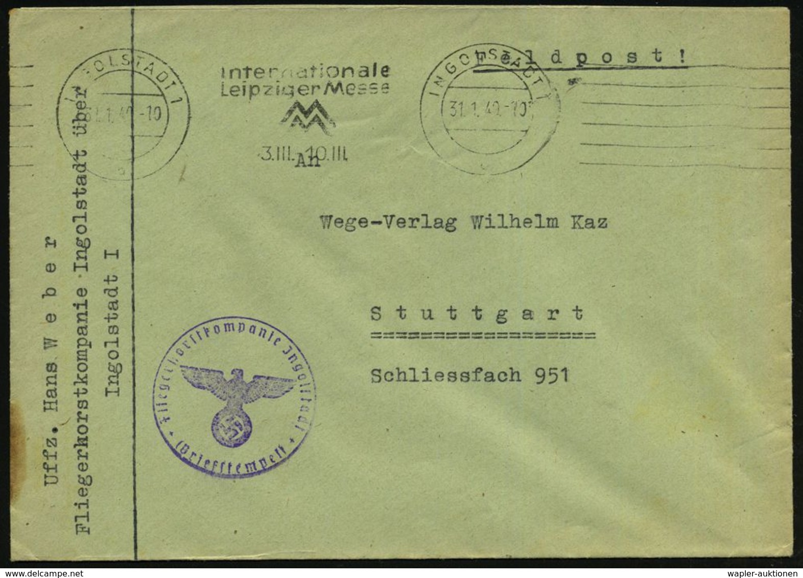 INGOLSTADT 1/ Internat./ Leipz.Messe/ 3.III.-10.III. 1940 (31.1.) Seltener Bd.MWSt + 6 Striche! + Viol. 1K-HdN: Fliegerh - Avions