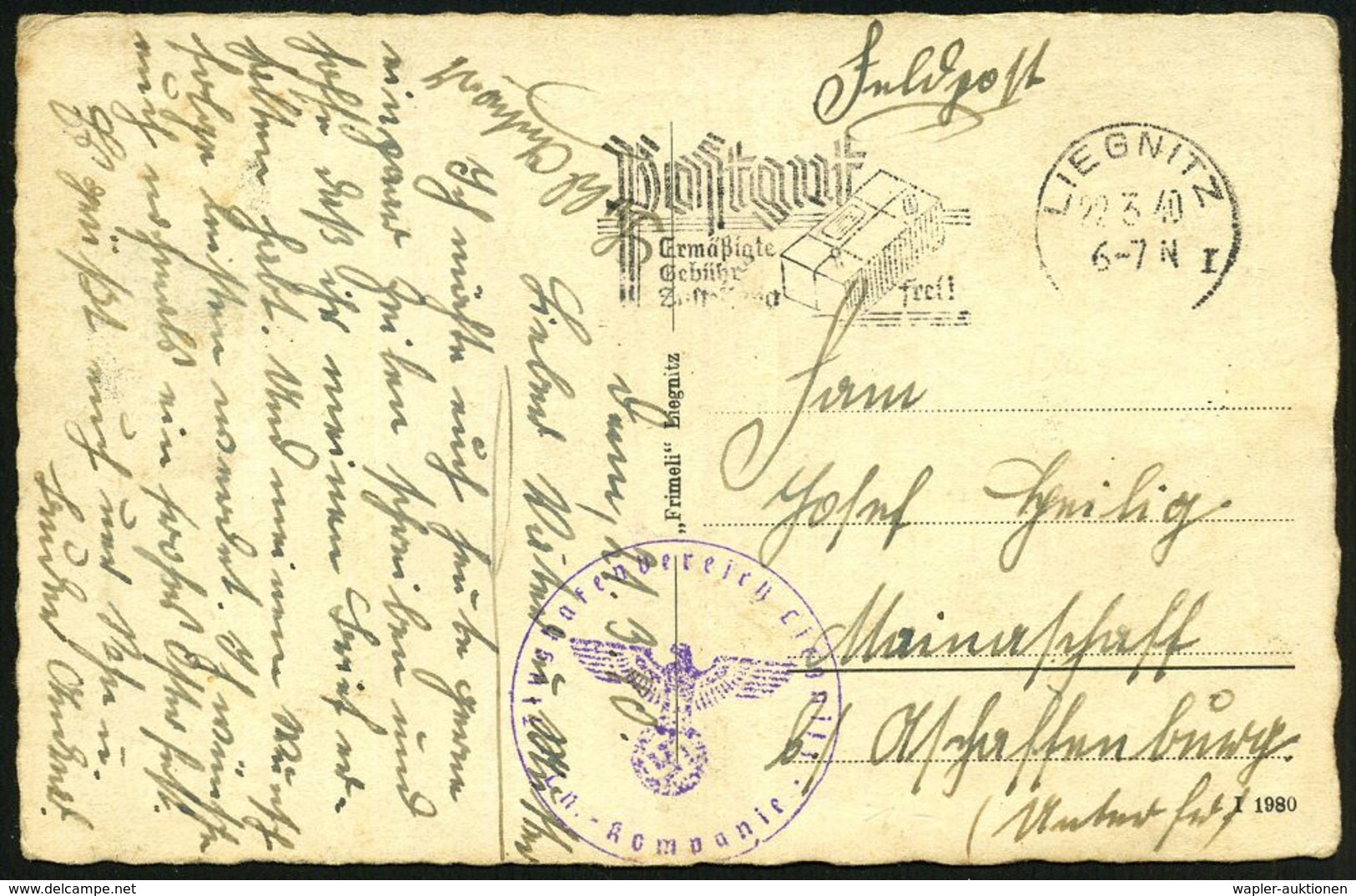 LIEGNITZ/ I/ Postgut/ Ermäßigte/ Gebühr/ Zustellung Frei! 1940 (22.3.) MWSt + Viol. 1K-HdN: Flughafenbereich Liegnitz/ L - Flugzeuge