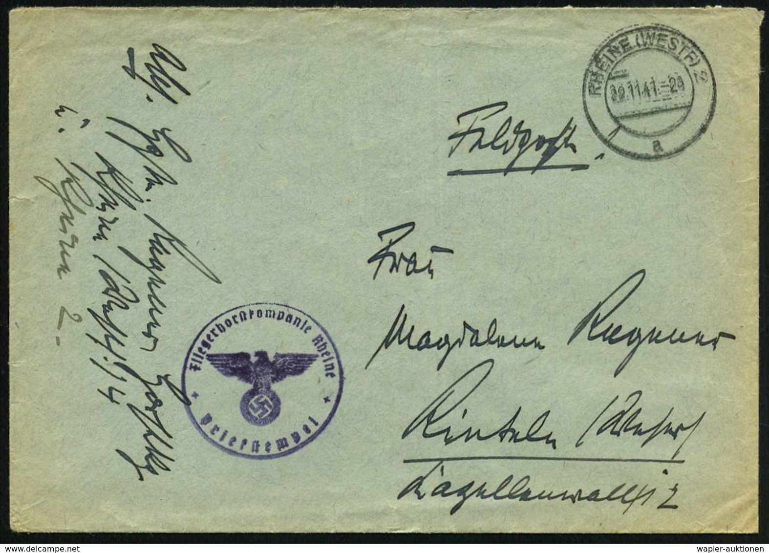 RHEINE (WESTF) 2/ A 1941 (29.11.) 2K-Steg + Viol. 1K-HdN: Fliegerhorstkompanie Rheine + Hs. Abs., Feldpost-Brief N. Rint - Aerei